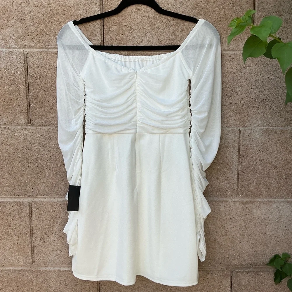 NWT Lulu’s Elegant Eternity White Mesh Ruched Off-the-Shoulder Mini Dress Medium